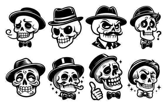 Gentleman skull characters set with hats and bow ties vector illustration, vintage skeleton heads collection, stylish mafia and dandy style skulls for tattoo or t-shirt design