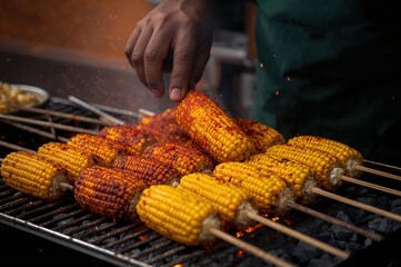 Charred Mexican elote glistens as vendor rolls it through vibrant chili seasoning