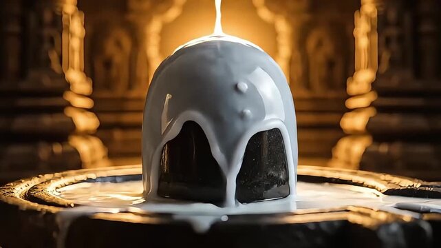 Maha Shivratri ceremony with Shiva lingam at temple in low light setting
