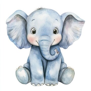 Cute naive cartoon baby elephant sitting on a white background with happy expression and big ears
