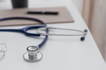 Stethoscope on clean desk in medical office with blurred background, healthcare diagnostics and physician workplace concept, medical consultation and professional equipment