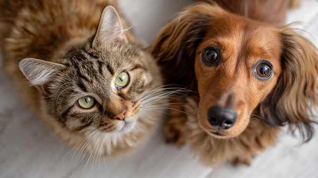 Ragdoll cat and dachshund looking up on white floor