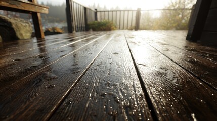 Wet wooden deck planks with sunlight reflecting on water droplets and soft focus background