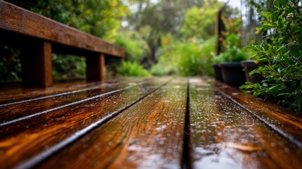 Wet wooden deck and bench with potted plants in a lush garden after rain