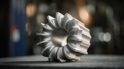 Detailed metallic turbine impeller component with intricate vanes on a dark textured surface