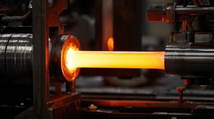 Hot orange glowing metal bar being shaped by industrial machinery Manufacturing