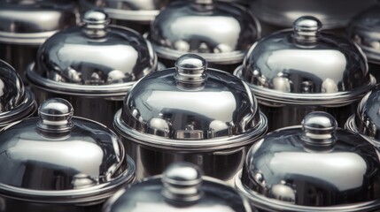 Gleaming silver chafing dishes with ornate lids arranged closely together reflecting light
