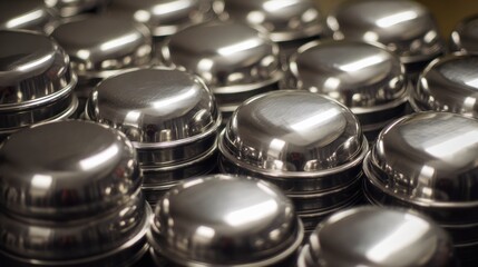 Stacked shiny metallic bowls reflect light creating a smooth textured surface