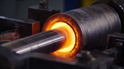 Close up of a heated metal rod passing through a heavy industrial machine glowing orange