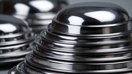 Stacked polished metal chafing dishes with domed lids studio shot food warmer