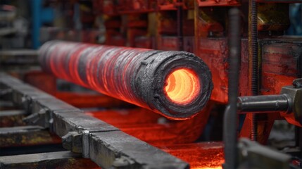 Molten metal pipe glowing with intense heat on an industrial manufacturing line