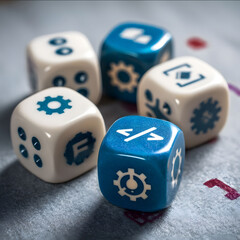close up macro shot of custom dice actively being rolled on a smooth felt tabletop The custom dice should have software development icons on the faces At least one die