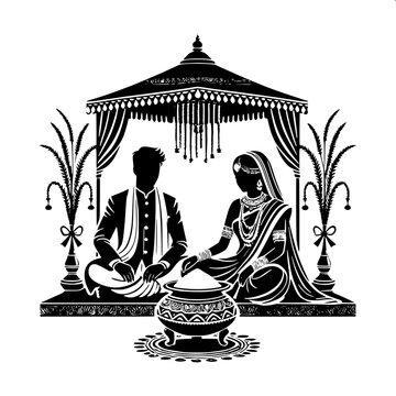 Traditional Hindu wedding varmala ceremony vector silhouette, bride in lehenga and groom in sherwani, decorative mandap pillars
