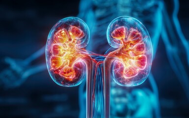 Digital illustration of human kidneys highlighting internal structures with glowing network lines against a transparent torso background in medical concept design