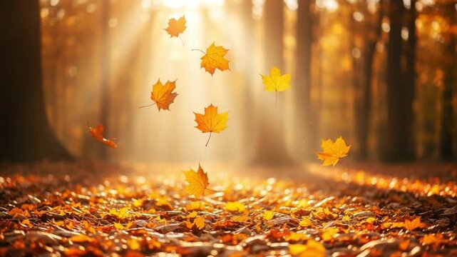 Falling autumn leaves in a forest with sunlight filtering through the trees