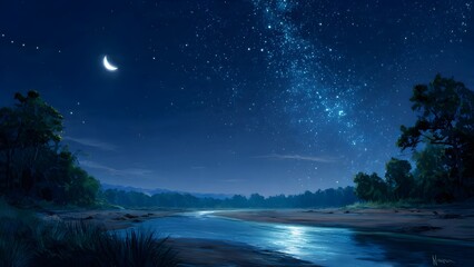Serene River Under a Crescent Moon and Starry Sky