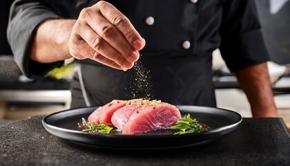 hispanic chef sprinkling aromatic spices on top of fresh tuna dish on black plate in the kitchen
