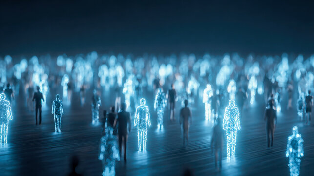 Digital representation of a large crowd illustrating the fusion of human interaction with technology through glowing holographic and translucent figures in a futuris