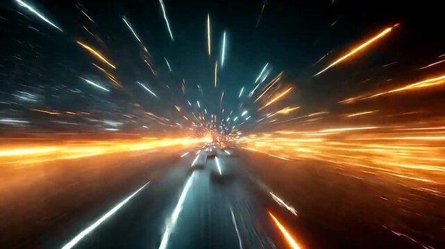 Dynamic perspective of light streaks and sparks, split between blue and orange