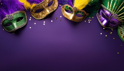 carnival masks on purple mardi gras banner border on vertical dark background with copy space