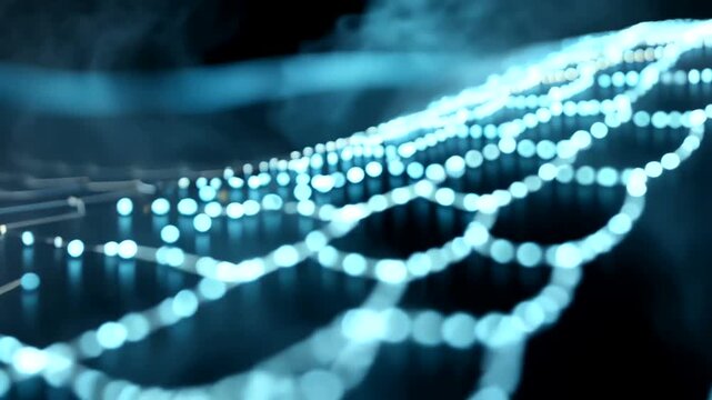 Abstract glowing blue dots form network patterns on dark, smoky background