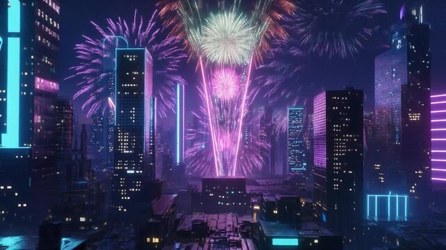 Futuristic Cyberpunk City with Fireworks Generative AI