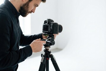 A male photographer in a black shirt adjusts his DSLR camera mounted on a tripod in a bright white studio setting, preparing for a photoshoot.