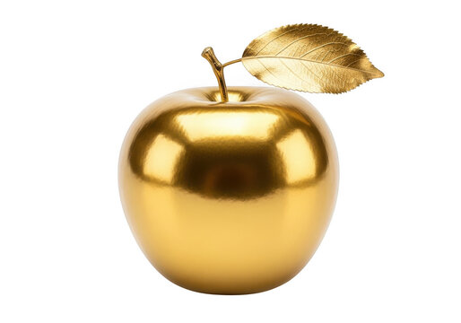 Golden apple with leaf isolated on transparent background, shiny metal fruit decoration