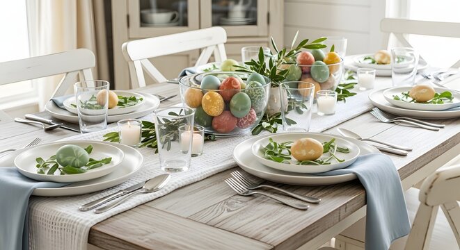 Farmhouse dining table set for Easter brunch with white plates linen runner simple greenery and bowl of naturally dyed eggs centerpiece