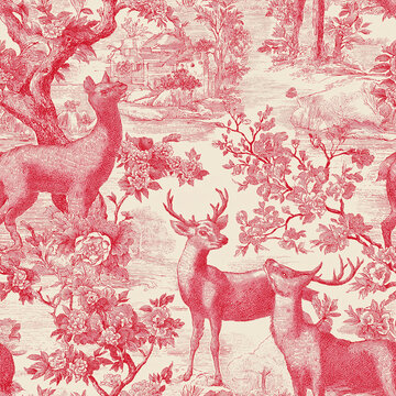 Red and white toile pattern with deer and foliage. Perfect for holiday projects, christmas decor, textiles, and wrapping paper design. A classic yet versatile toile pattern with a festive twist.