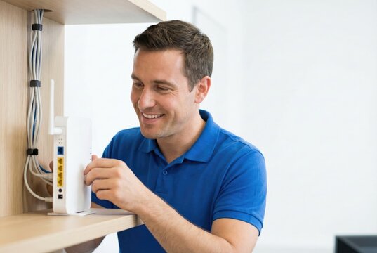A smiling man in a blue polo shirt installs or adjusts a white Wi-Fi router on a wooden shelf, setting up a home internet network.