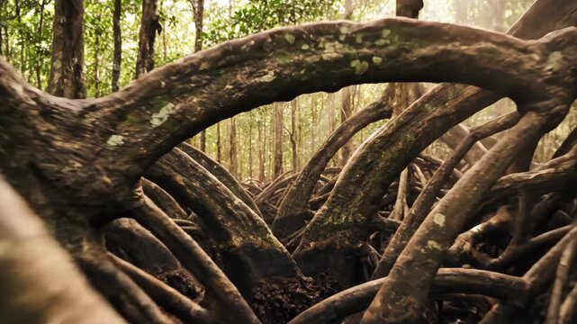 Crabs Crawling on Intertwined Roots of Mangrove Forest Ecosystem