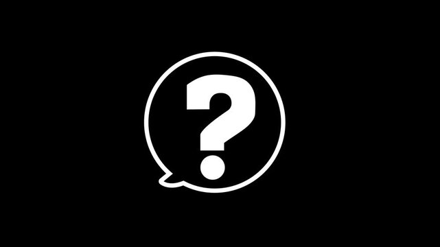 Minimalist white speech bubble with question mark icon isolated on black background, 2D animation, loop