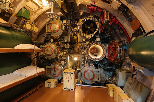 Inside old diesel military submarine