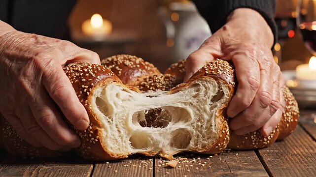 Elderly hands breaking a fresh loaf of artisan bread on wooden table.
