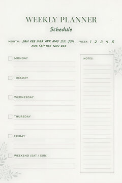 Weekly planner with schedule for organizing tasks and notes  