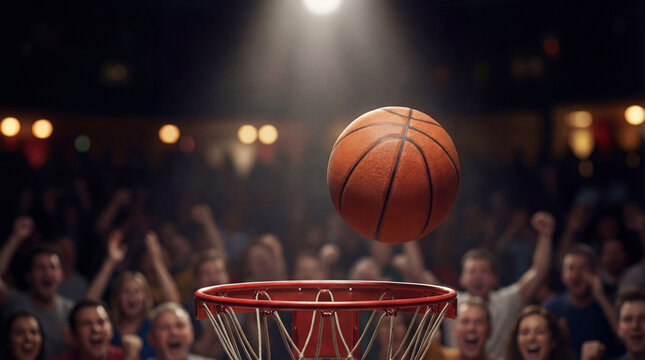Action shot of a basketball flying into the hoop against a blurred stadium background with cheering fans. High-energy sports moment capturing a successful goal and professional game atmosphere.