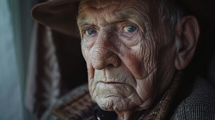 Elderly man portrait with deep wrinkles and thoughtful expression, symbol of aging, life experience, memory, loneliness, resilience and human emotions in realistic cinematic light