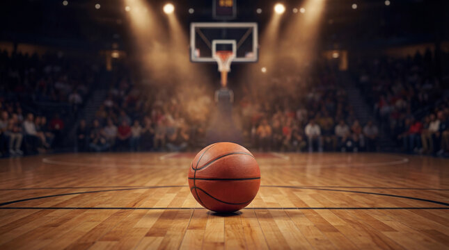 Basketball ball on a wooden court floor with a blurred arena background, crowded stands, and glowing stadium lights. Professional sports competition atmosphere with fans watching the game.
