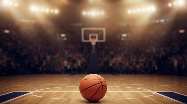Basketball ball on a wooden court floor with a blurred arena background, crowded stands, and glowing stadium lights. Professional sports competition atmosphere with fans watching the game.