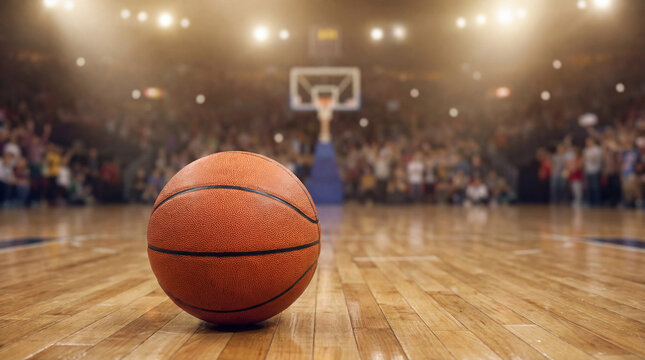 Basketball ball on a wooden court floor with a blurred arena background, crowded stands, and glowing stadium lights. Professional sports competition atmosphere with fans watching the game.