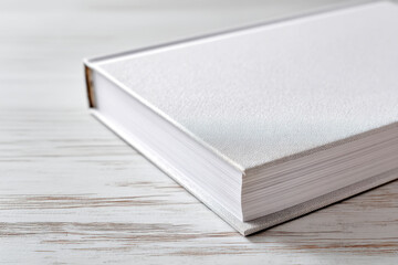 Fototapeta premium White textured hardcover book resting on a light wooden surface with pages tightly bound inside a minimalistic clean design background