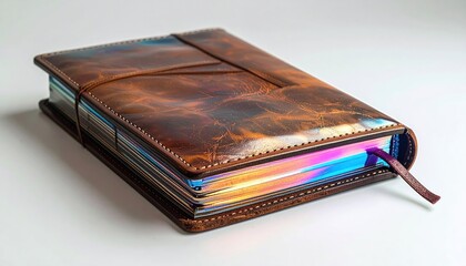Leather journal with iridescent page edges and a strap closure, resting on white surface