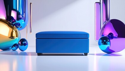 A blue ottoman centerpiece with reflective, abstract, metallic objects in varied shapes
