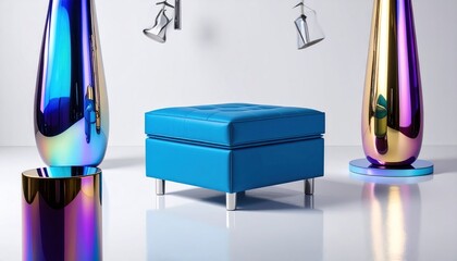 A blue ottoman sits centered with iridescent decor and spotlighting on a white surface