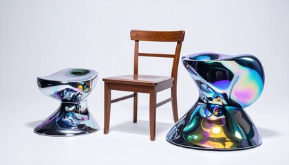 Three chairs of differing styles sit against a white background; one wood, two chrome