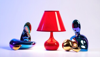 Three abstract glossy sculptures and a bright red lamp with a lampshade against a white backdrop