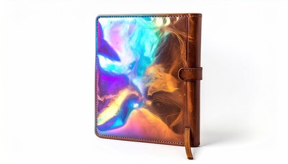 Leather-bound notebook with iridescent cover and closure, against a white background