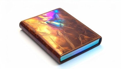 Leather-bound book with iridescent cover reflecting light, set against a white backdrop