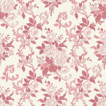 Toile de jouy vector seamless vintage pattern pink color palette